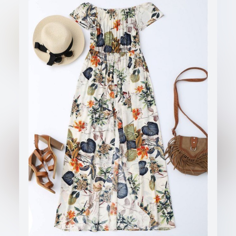 A.Peach - off shoulder lightweight romper tropical floral dress medium